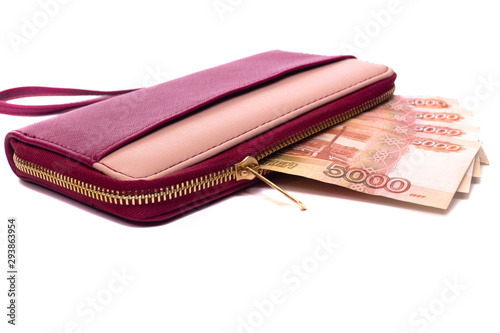 Female pink wallet isolated on white background.