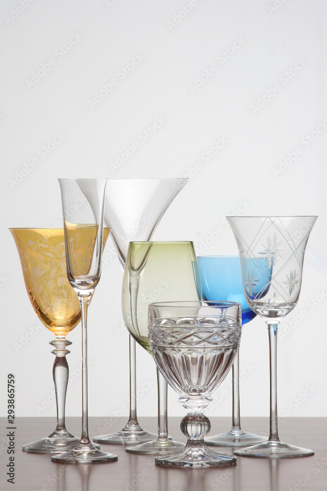 Glass cups in different designs and colors. Glass cups in different designs and colors.