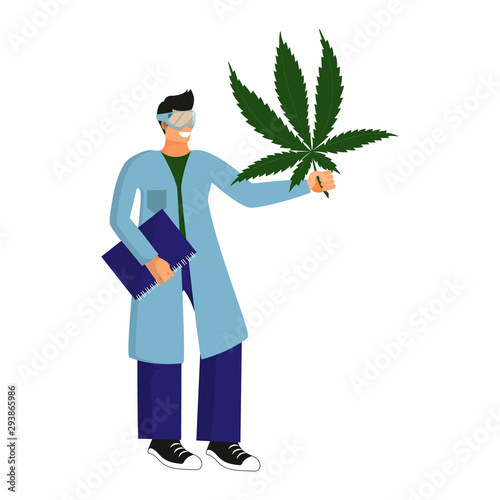 Male scientist, botanist studys and analyzes the cannabis plant in the laboratory. Isolated object on white background
