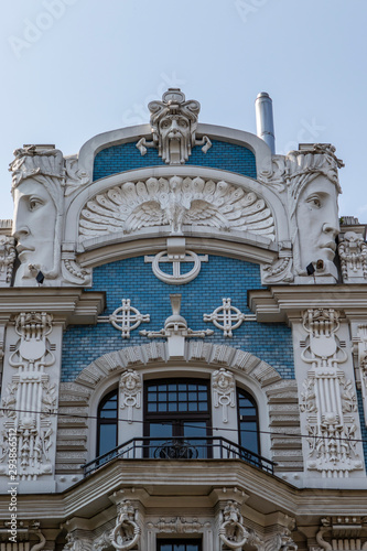 Facade of the art nouveau building by architect Eisenstein in the Elizabetes Street in Riga, Latvia