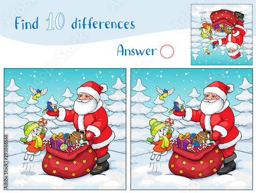 Santa Claus, rabbit and birds with Christmas gifts. Find 10 differences.