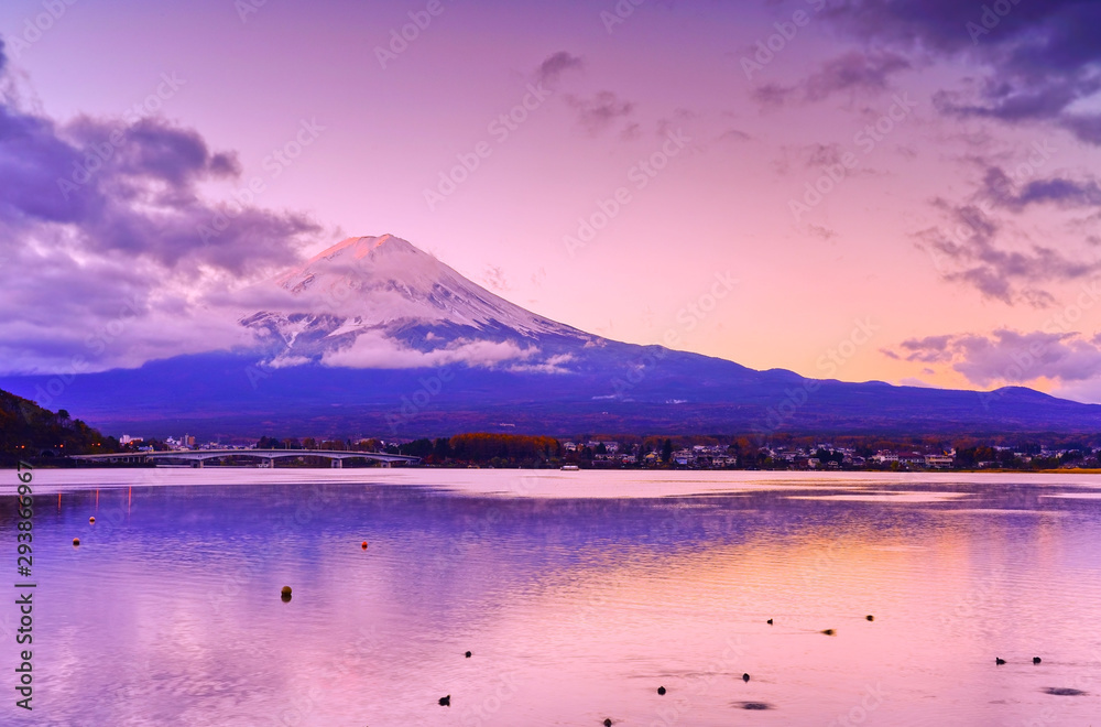 View of the Mount Fuji from Lake Kawaguchi at dawn in Japan.