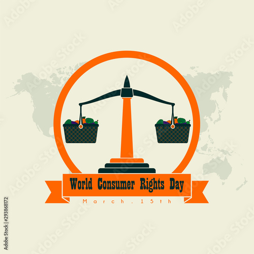 Typography Logo design for World consumer Right Day with basket, vegetables, and scales