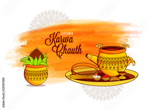 Abstract background creative vector illustration pooja thali with suhaag elements karwa, sindur, channi, flowers, chawal or coconut karwa. festival for indian married couples. happy karwachauth.