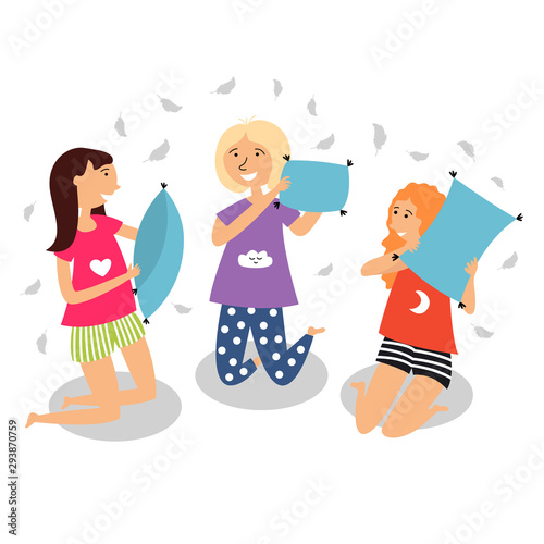 Children staged a pillow fight. Children in pajamas spend the night with friends. Girlfriends pajama party. Vector editable illustration