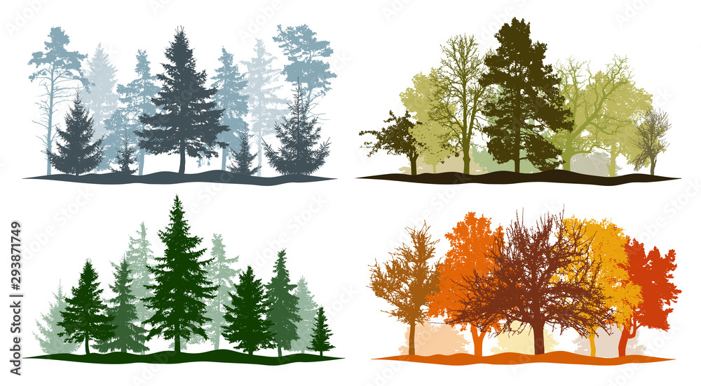 Four seasons. Set of winter, spring, summer and autumn trees silhouettes. Vector illustration. - obrazy, fototapety, plakaty 