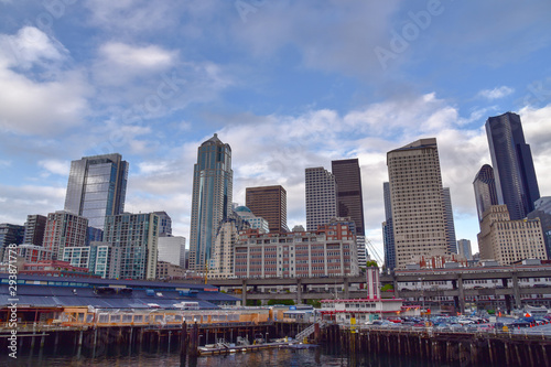 Seattle city skyline viewed from a ferry boat.