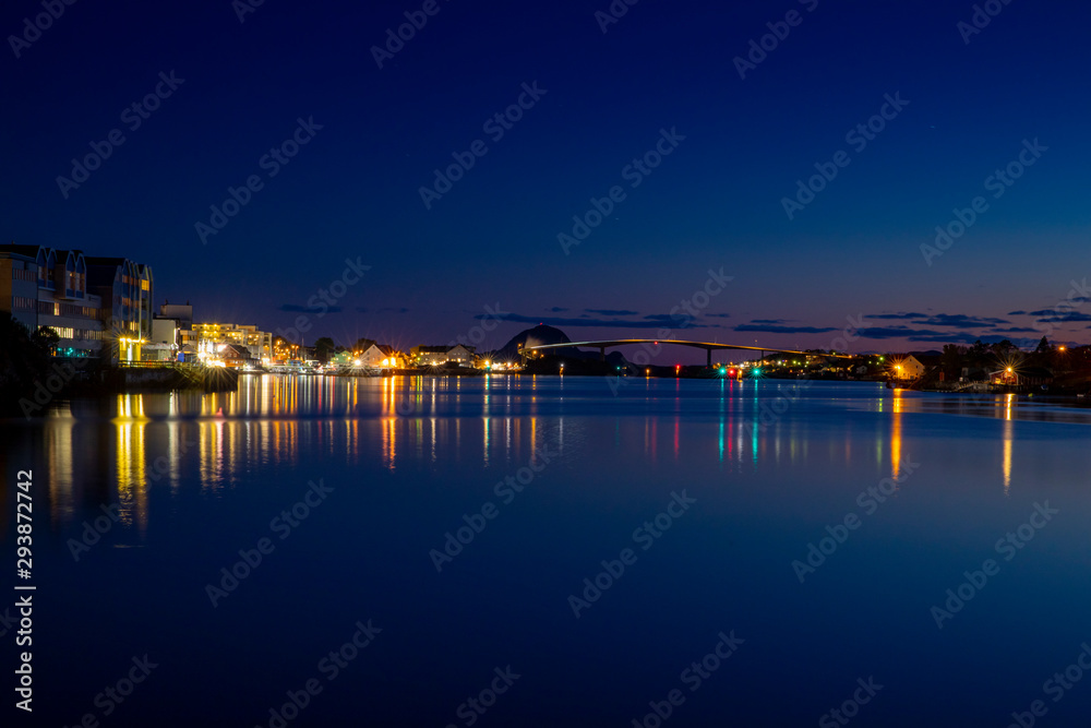 Fototapeta Blue hour in Bronnoysund harbor in Nordland county