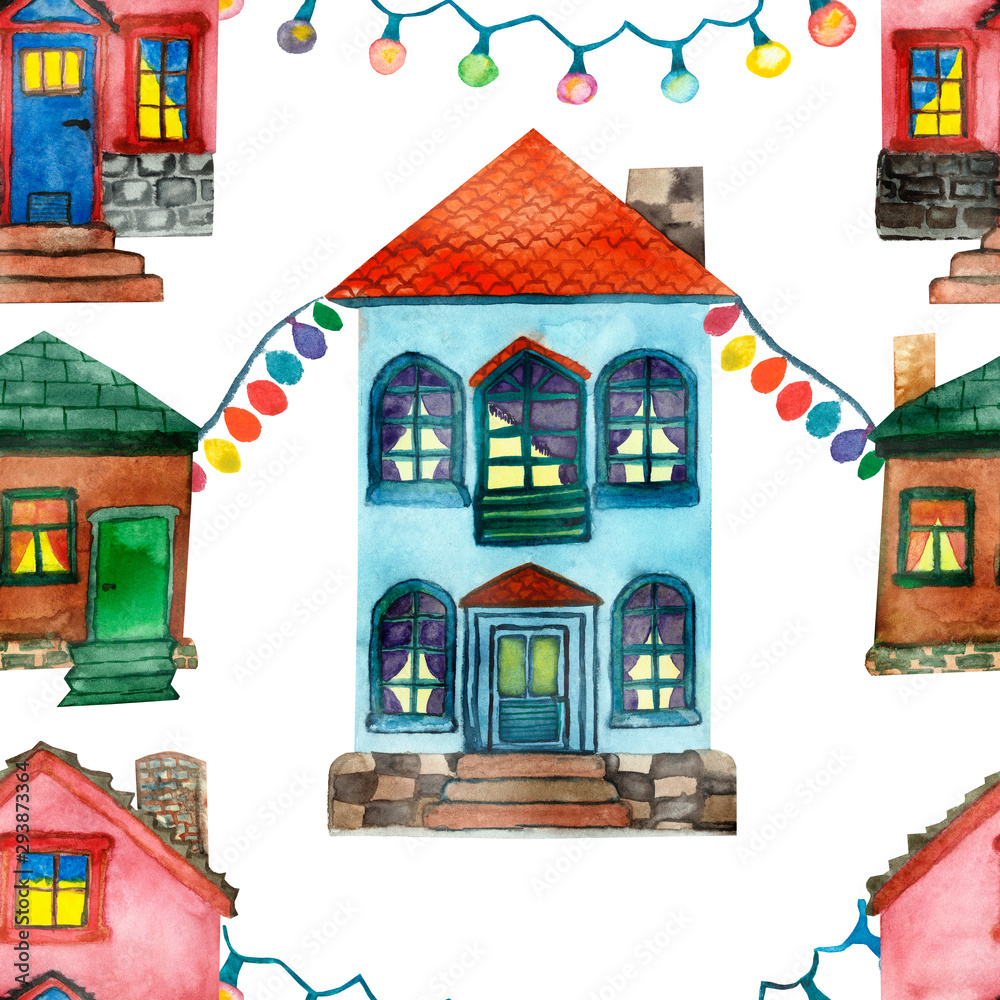 Watercolor hand painted town seamless pattern with two-storey blue and pink house, one storey brown house and garlands with lights isolated on the white background for holiday textile
