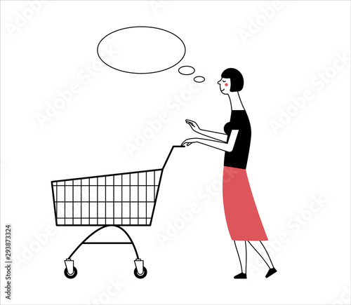 A woman with a trolley is thinking about shopping. Simple graphic vector illustration. Promotional, discount offer of a supermarket, grocery store, market.