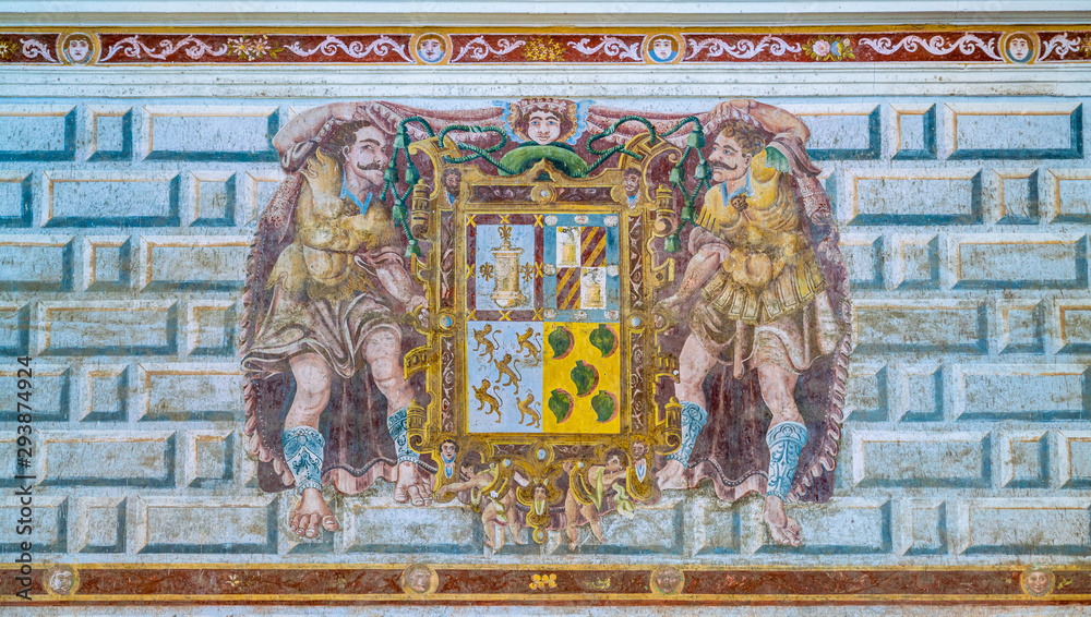 Fresco with coat of arms in the Hospital de Santiagio in Ubeda, Jaen, Andalusia, Spain. 