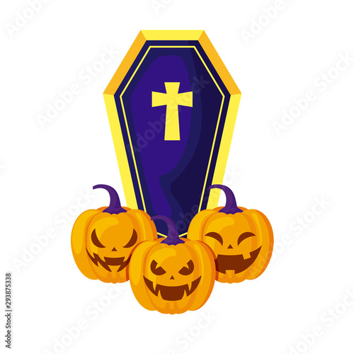 halloween pumpkins with coffin isolated icon