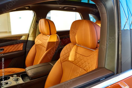 Car leather headrest. Interior detail. Shallow dof.
