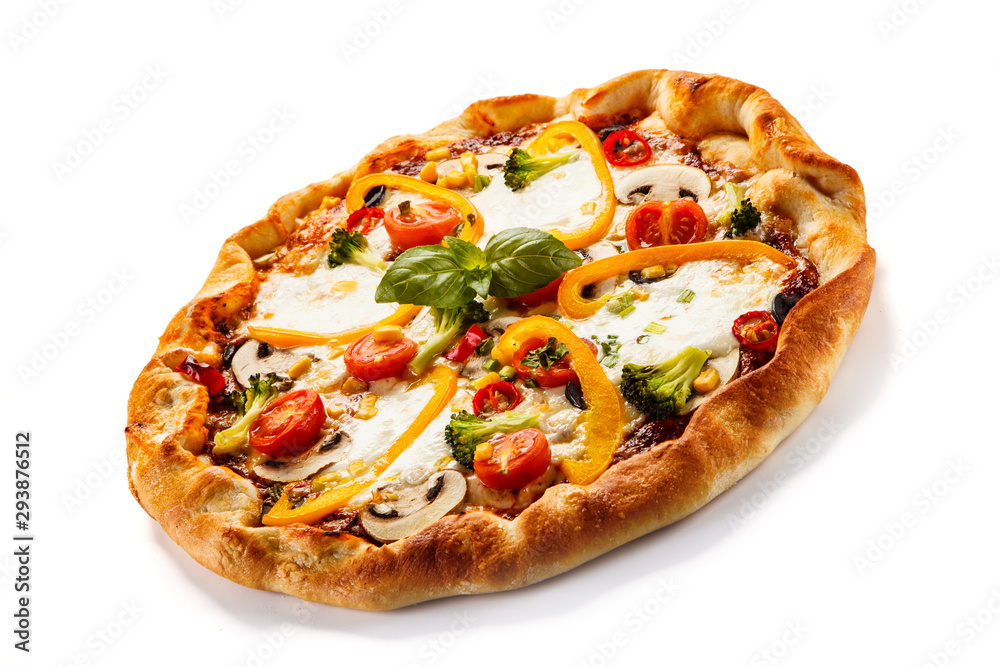 Pizza with pepper and champignon on white background Pizza with pepper and champignon on white background