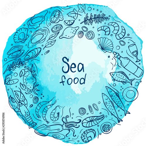 Doodle seafood on blue watercolor background. Vector illustration. Perfect for dessert menu or food package design.
