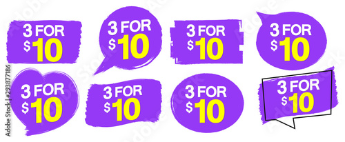 Set 3 for 10 dollars tags, sale banners design template, grunge brush collection, special discounts, app icons, vector illustration