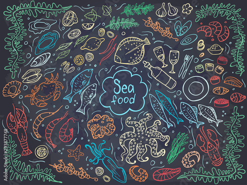Set of colorful seafood on chalckboard. Vector illustration. Perfect for menu or food package design.