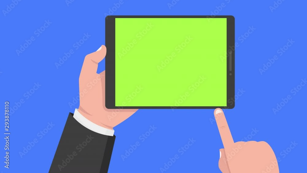 Hand holding tablet and touching screen. Green screen. Alpha channel. Set of 5 cartoon hand gestures. 4K resolution.