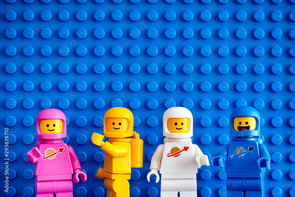 Tambov, Russian Federation - February 24, 2019 Four Lego astronaut  minifigures against blue baseplate background. The LEGO Movie 2. Stock  Photo | Adobe Stock
