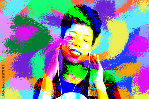 Portrait of woman listening to music with headphones mixed with colors