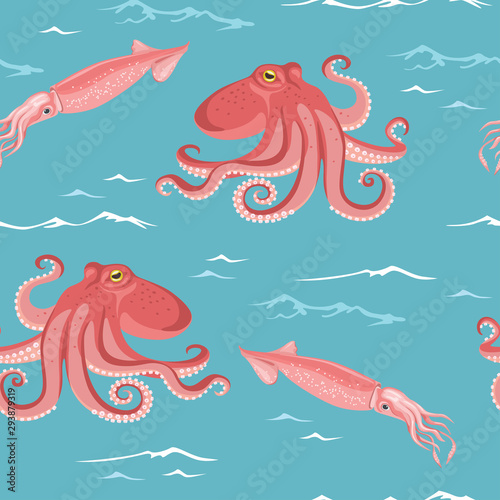 Squid and octopus seamless pattern. Blue sea and waves. Vector illustration of the sea in cartoon simple flat style.