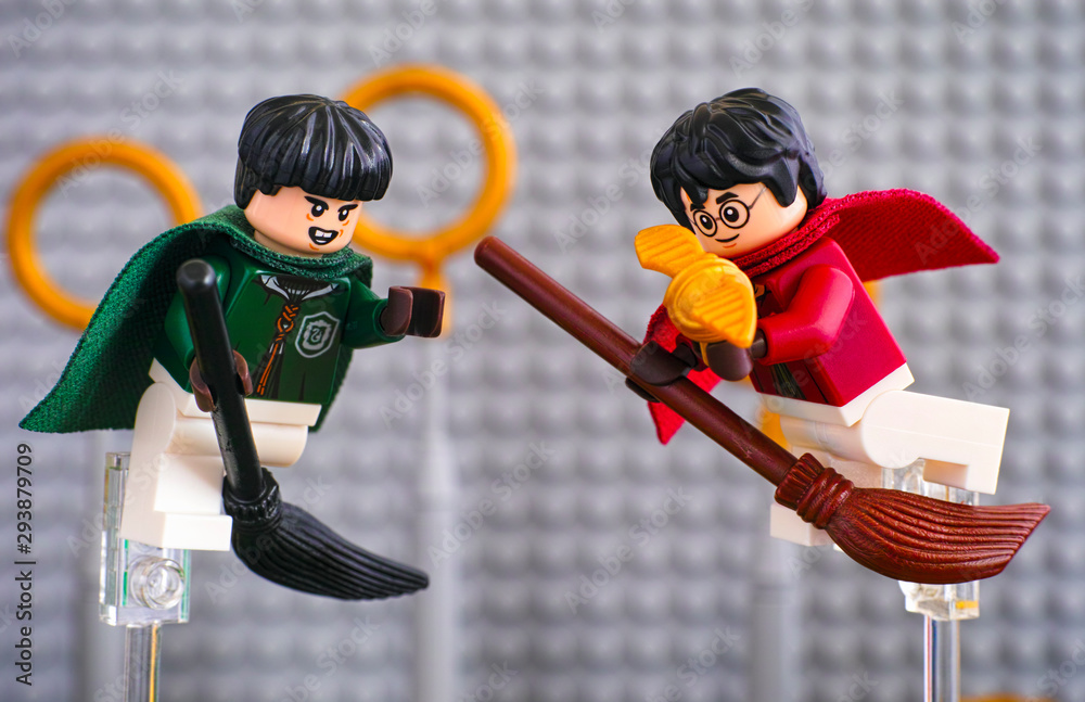 Tambov, Russian Federation - January 20, 2019 Quidditch Match Lego Harry  Potter set. Marcus Flint and Harry Potter on broom captured the Golden  Snitch against goalposts and gray baseplate background Stock Photo | Adobe  Stock