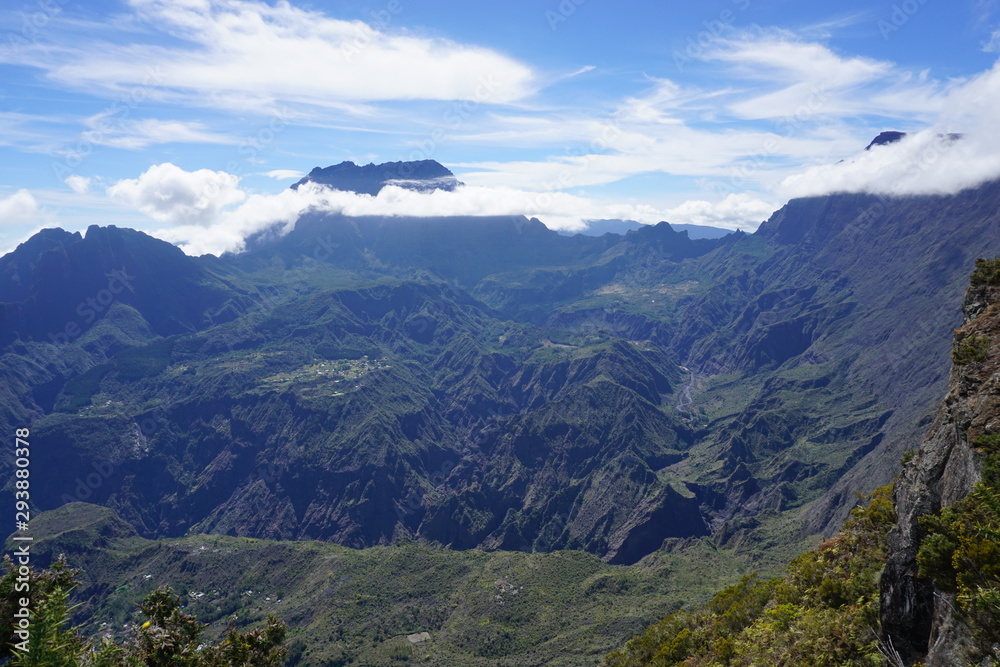 view of the tropical mountains of La Réunion, France in the fog