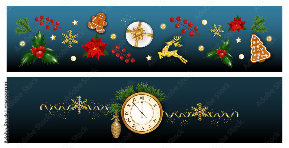 Christmas border or banners. Composition of festive elements holly berries, clock, poinsettia, snowflakes, cookies, reindeer, gift box and Christmas tree decorations. Xmas, New Year background.