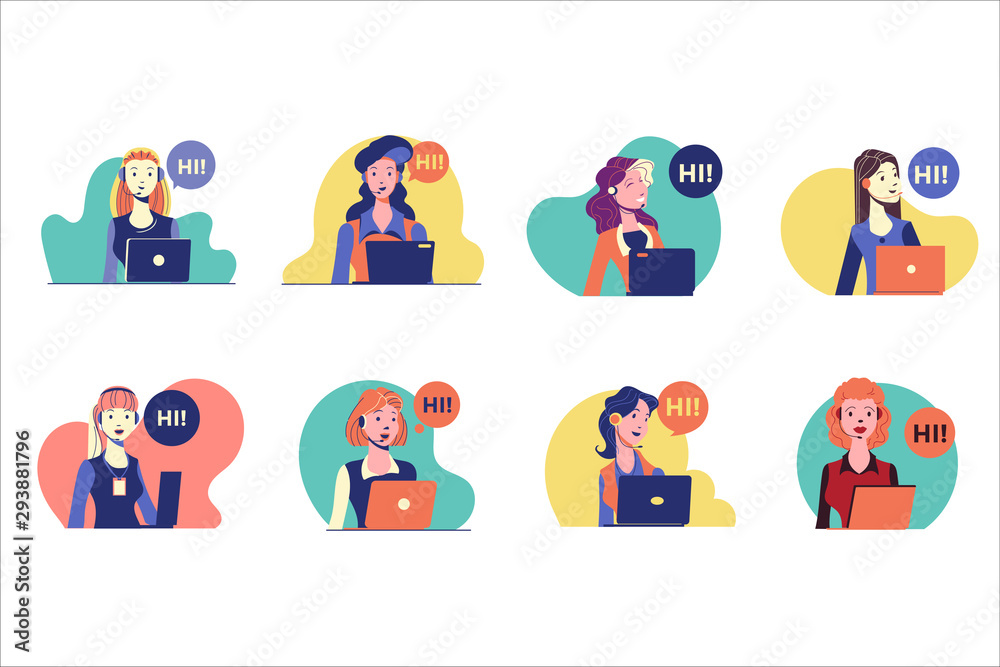Operator of call center office working in headphones and mic and say hi. Customer service character Operator of call center office working in headphones and mic and say hi. Customer service character