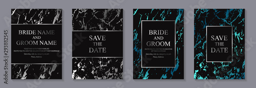 Set of modern geometric luxury wedding invitation design or card templates for business or presentation or greeting with silver and blue marble texture or paint splashes on a black background.