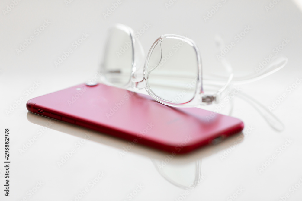 Red Smart Phone with Clear Reading Glasses Red Smart Phone with Clear Reading Glasses