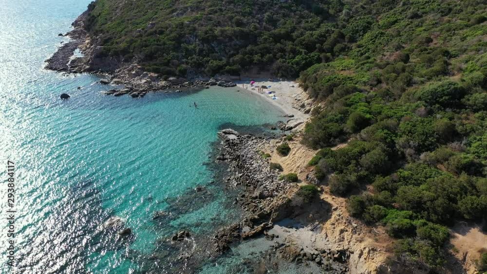 Sardinia, Villasimius. Torre Porto Giunco beach from the drone. Sardinia, Italy. Panoramic view of the Torre Porto Giunco beach with turquoise sea water. Sardegna, Italy. Sardinia, Villasimius. Torre Porto Giunco beach from the drone. Sardinia, Italy. Panoramic view of the Torre Porto Giunco beach with turquoise sea water. Sardegna, Italy.