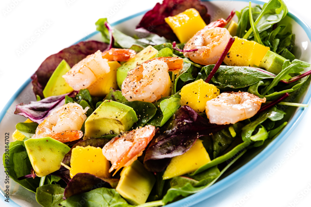 Salad with shrimps on white background Salad with shrimps on white background