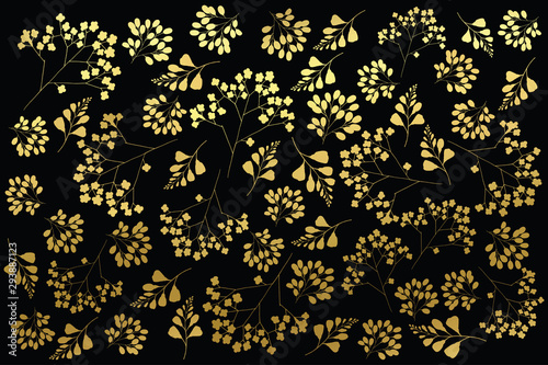 Golden spring flowers clip art set, basis individual elemens kit on black background