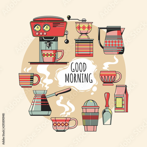 Vintage set of coffee objects mean coffee equipment