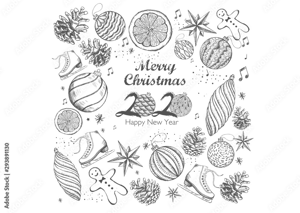 Christmas and 2020 New Year set. Hand drawn illustration. Christmas and 2020 New Year set. Hand drawn illustration.