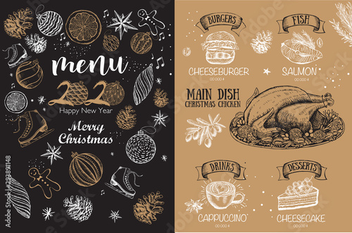 2020 New Year. Christmas restaurant menu. Sketch illustration. Vector.