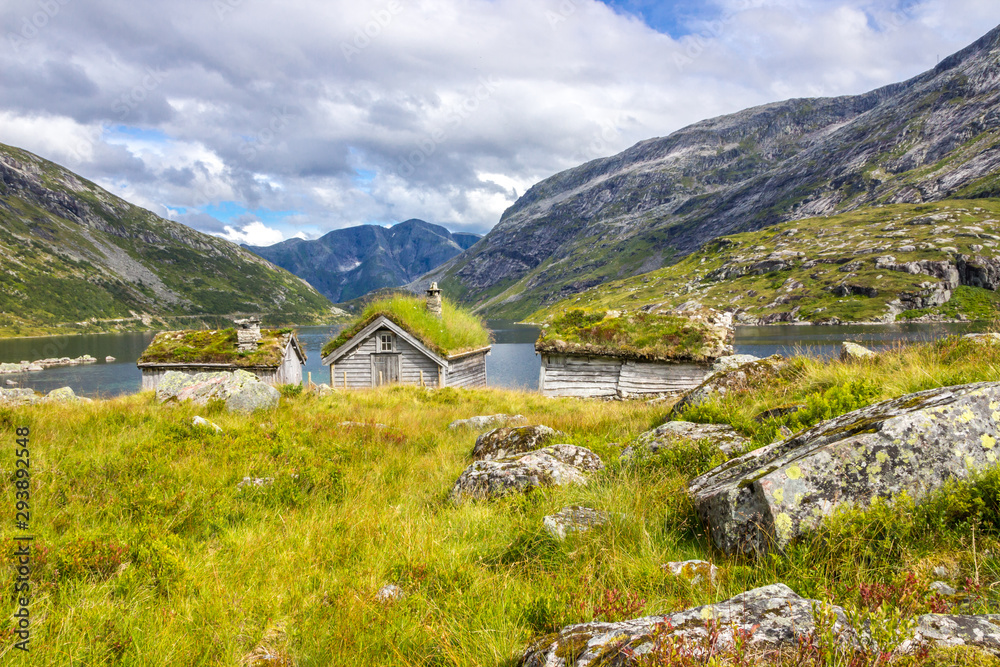 huts by the Gaularfjellet mountain road in Norway