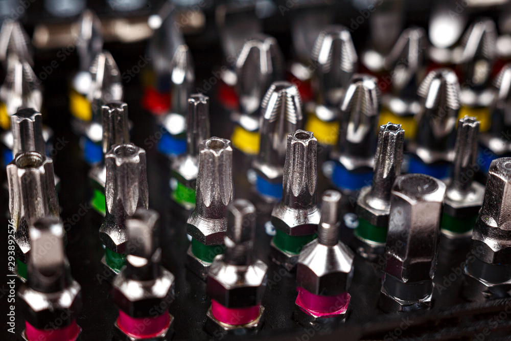 screwdriver bits set, macro, close-up, selective focus, screwdriver heads screwdriver bits set, macro, close-up, selective focus, screwdriver heads
