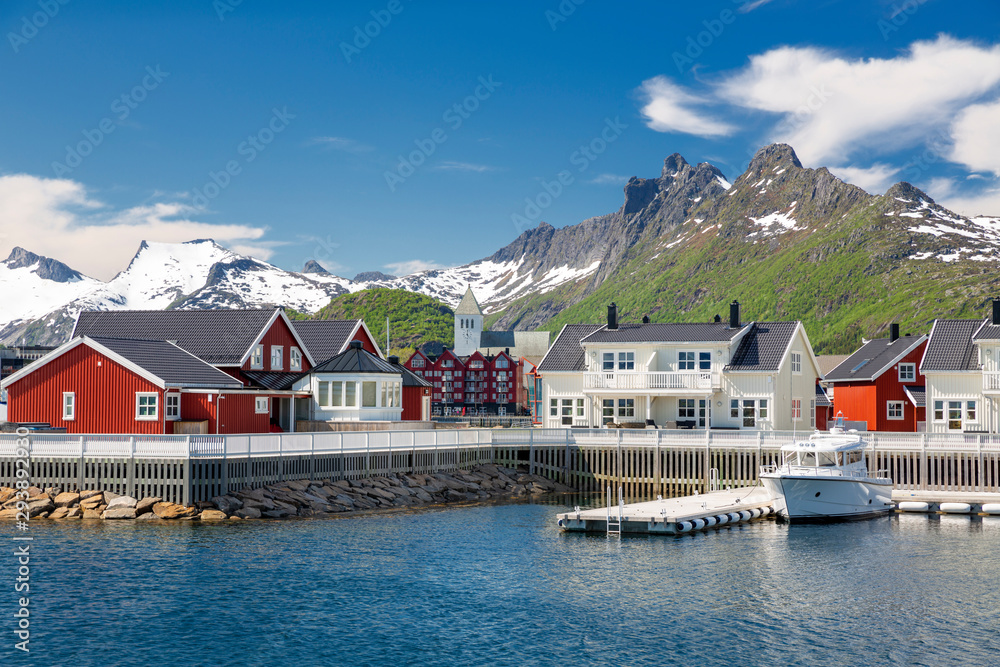Svolvaer, Lofoten Islands,   Fjord and Red Norwegian Rorbu, Norway