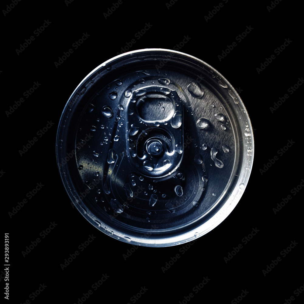 aluminum soda and beer beverage can with water droplets isolated on dark background, metal can, recyclable product aluminum soda and beer beverage can with water droplets isolated on dark background, metal can, recyclable product