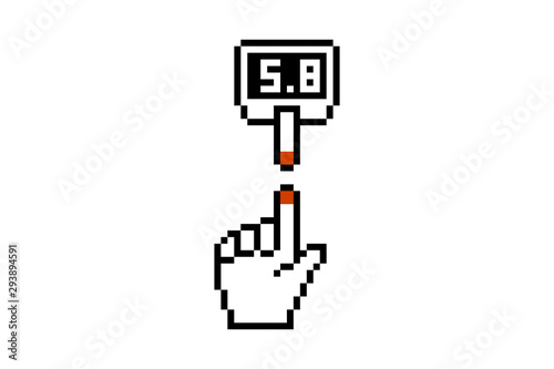 Blood glucose meter measuring sugar test control device. Electronic monitor glucometer with diabetic patient finger. Medical vector pixel art illusrtation