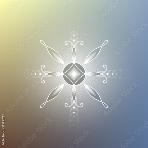 Minimal gradient background; Sacred geometry design; Decorative shiny flower; Energy and vibration of calm; Mindfulness and zen; Vector illustration.