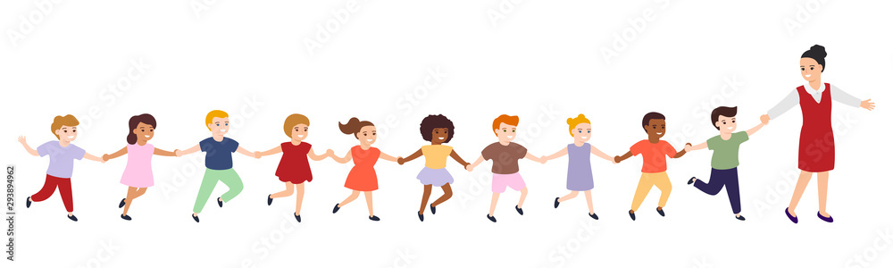 Group of cartoon happy multicultural children and educator. Girls and boys follow a woman leader, hold hands. Cute diverse kids. Vector illustration Group of cartoon happy multicultural children and educator. Girls and boys follow a woman leader, hold hands. Cute diverse kids. Vector illustration