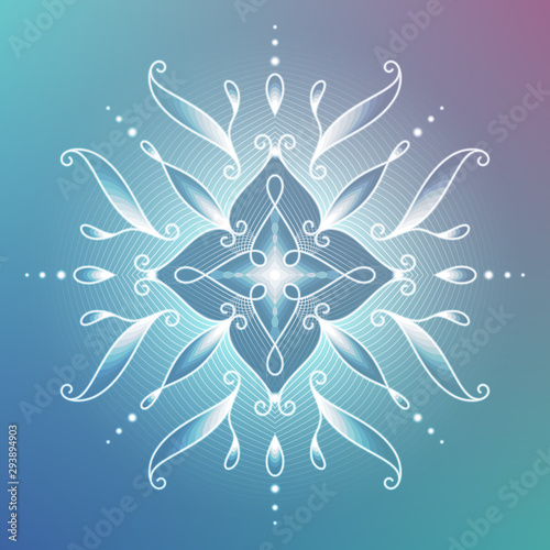 Minimal gradient background; Sacred geometry design; Decorative shiny flower; Energy and vibration of calm; Mindfulness and zen; Vector illustration.