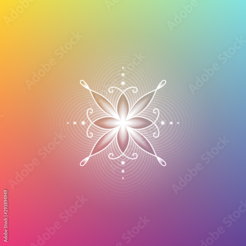 Minimal gradient background; Sacred geometry design; Decorative shiny flower; Energy and vibration of calm; Mindfulness and zen; Vector illustration.