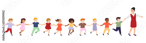 Group of cartoon happy multicultural children and educator. Girls and boys follow a woman leader, hold hands. Cute diverse kids. Vector illustration