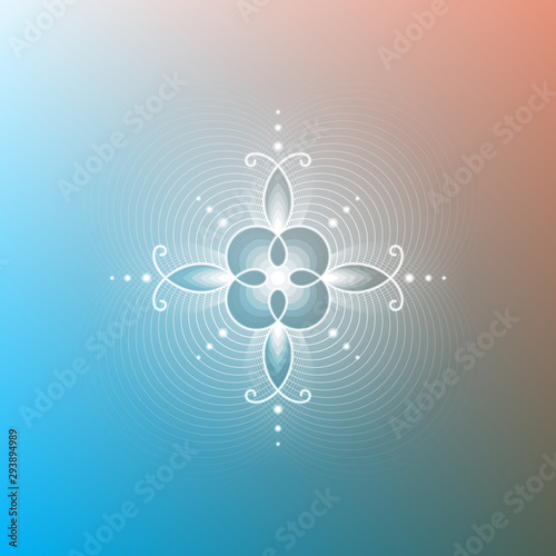 Minimal gradient background; Sacred geometry design; Decorative shiny flower; Energy and vibration of calm; Mindfulness and zen; Vector illustration.