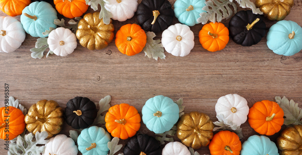 Fall double border banner of colorful pumpkins and silver leaves ...