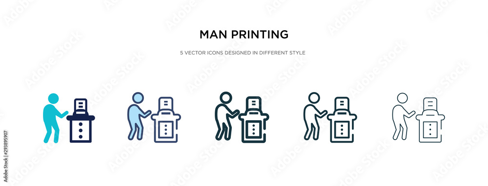 man printing icon in different style vector illustration. two colored and black man printing vector icons designed in filled, outline, line and stroke style can be used for web, mobile, ui man printing icon in different style vector illustration. two colored and black man printing vector icons designed in filled, outline, line and stroke style can be used for web, mobile, ui